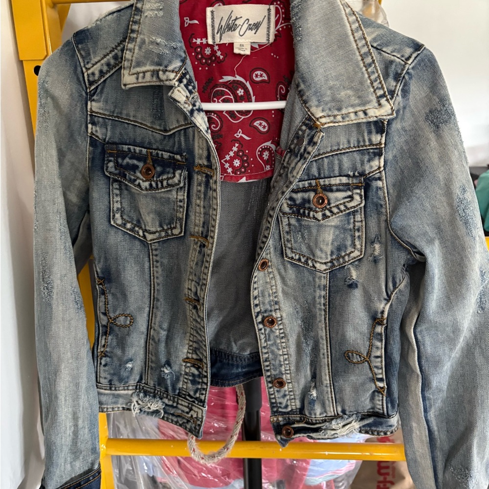 White Crow Denim Jacket with Red Paisley accent on back